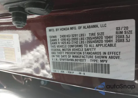 2020 Honda Passport Awd Touring from USA, damaged, VIN 5FNYF8H96LB010377